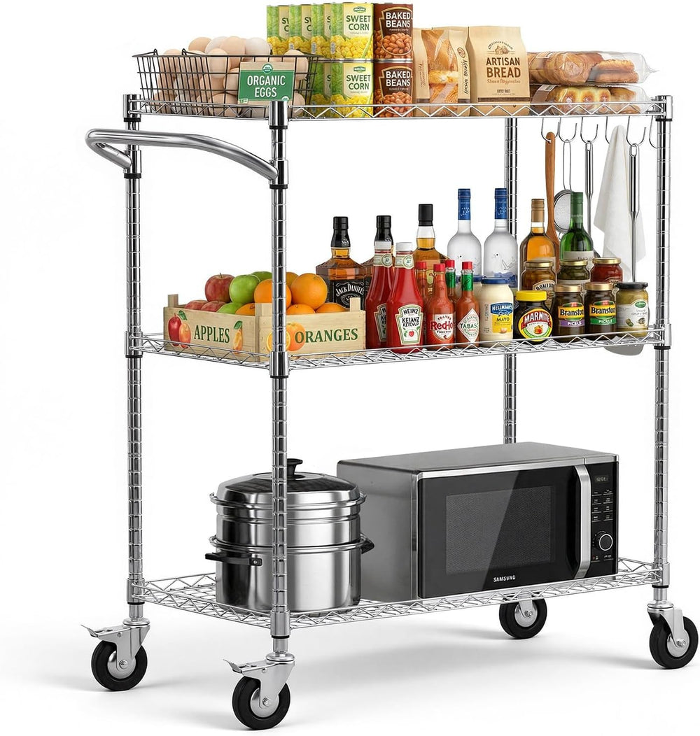 VEVOR 3 Tier Rolling Utility Cart, 661 lbs Static Capacity, Heavy Duty Adjust...
