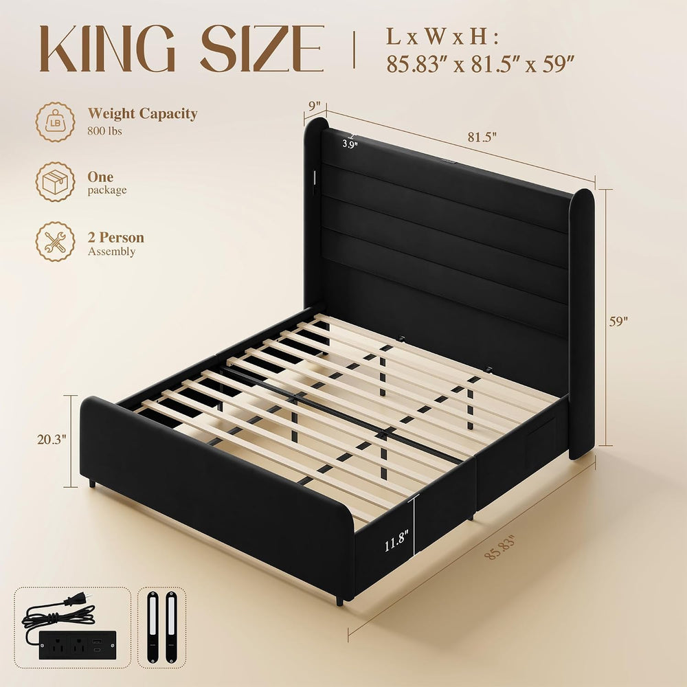 King Size Bed Frame with 59'' Tall Headboard with Readlight, Black