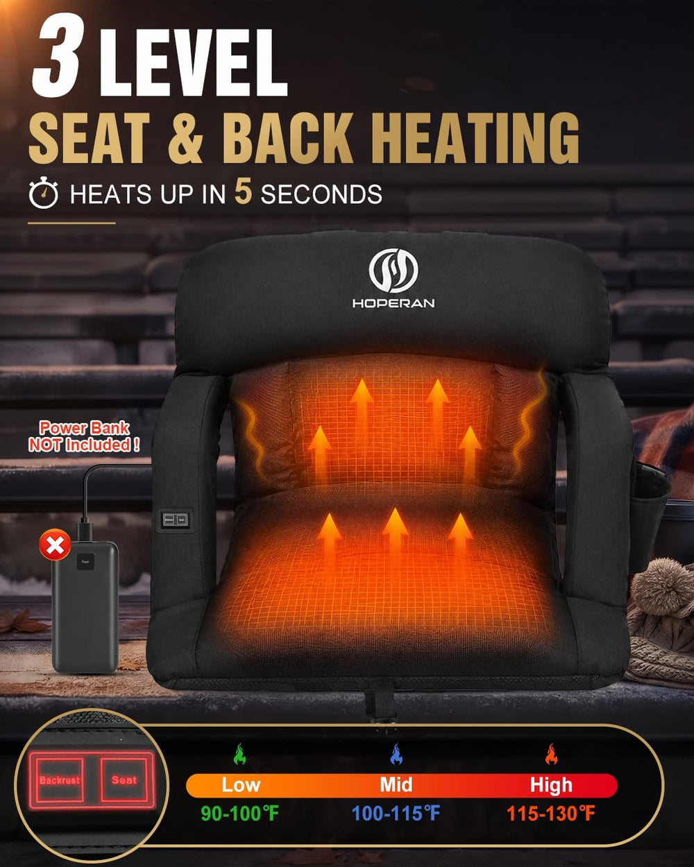 HOPERAN 21in Heated Stadium Seats for Bleachers, 4.3" Extra Thick, Black