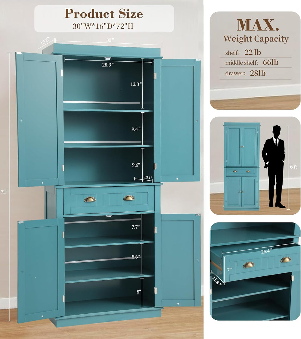 KIGOTY 72" Tall Kitchen Pantry Cabinet with Drawer and 4 Adjustable Shel...