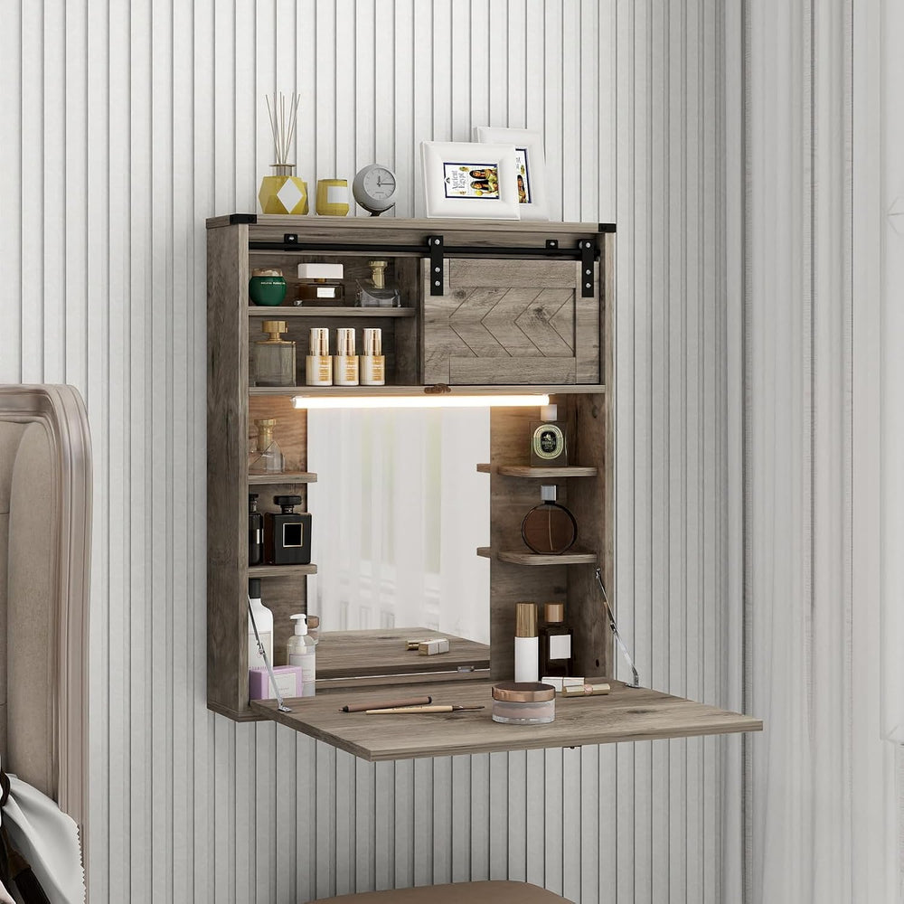 ARTETHYS Floating Vanity Desk with Mirror and Lights Small Wall Mounted Makeu...
