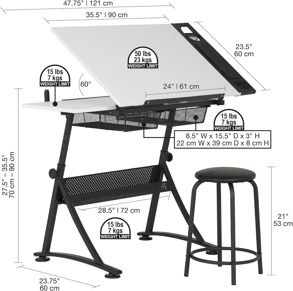 Fusion Drafting Table with Stool, Height Adjustable Desk with Tilt Top, Charc...