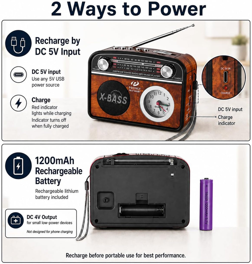 Portable AM/FM Radio with Bluetooth, Vintage Style Emergency Radio with Clock...