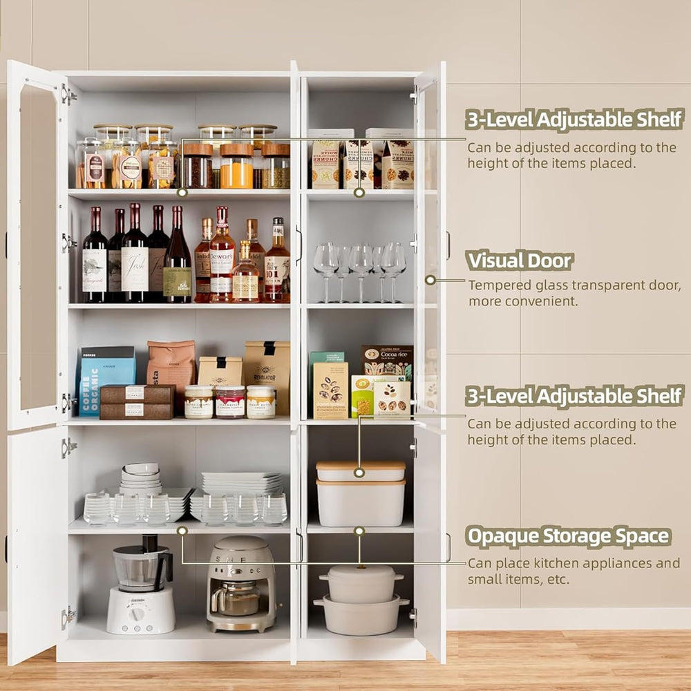 White Kitchen Pantry Cabinet, 78.7" Tall China Cabinet with Glass Doors ...
