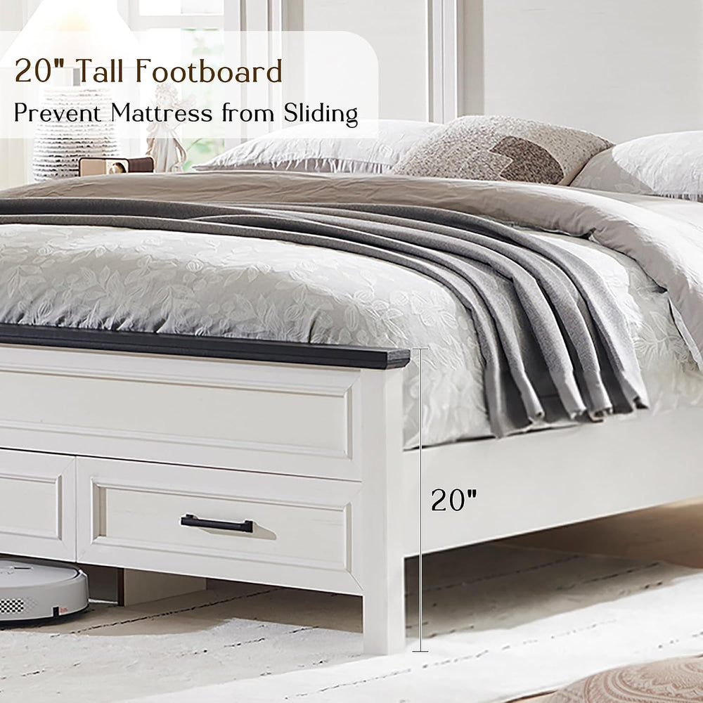 Farmhouse King Size Bed Frame with 53" Tall Headboard, Off White