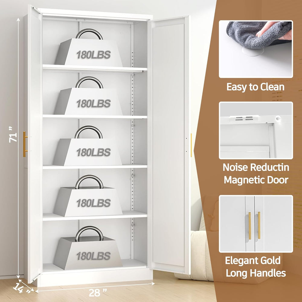 71” Tall Kitchen Pantry Cabinet, Metal Storage Cabinet with 2 Doors and 4 Adj...
