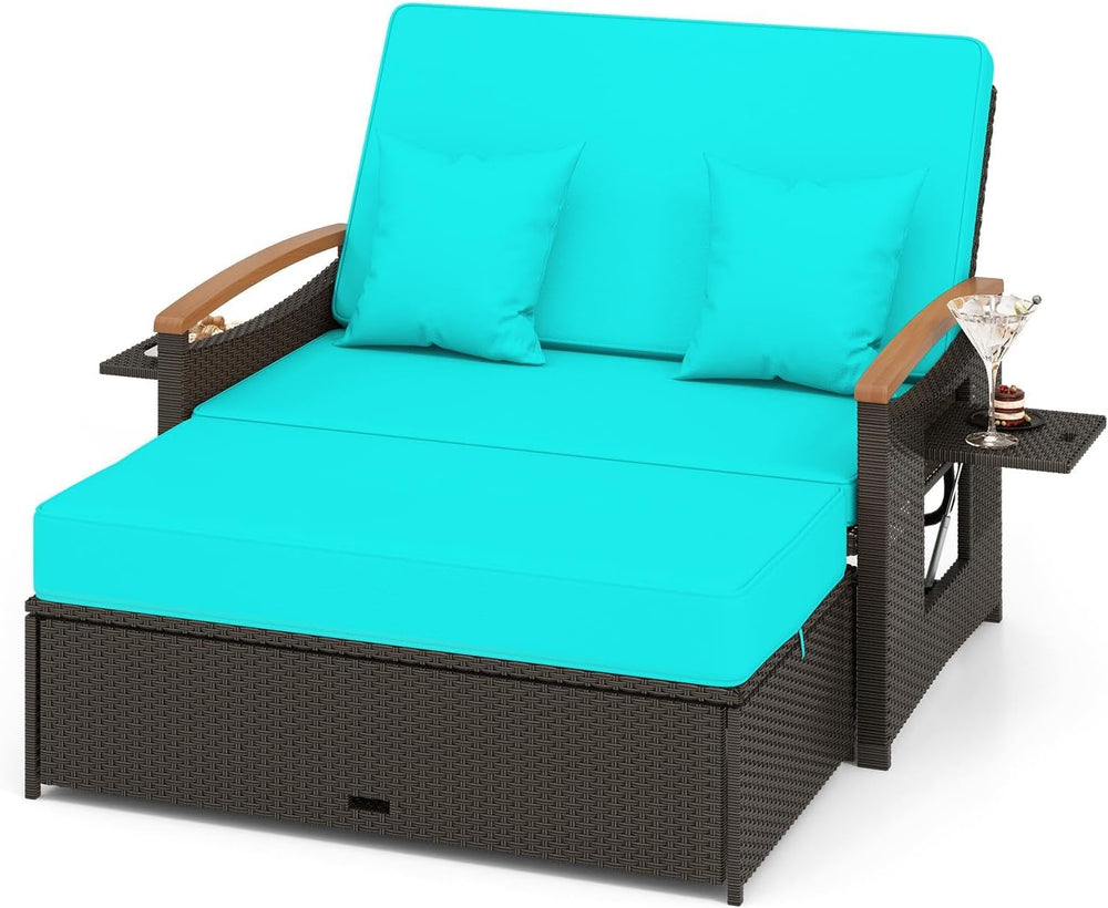 Moccha Outdoor Wicker Daybed, Patio Rattan Loveseat Sofa w/ 4-Level Adjustabl...