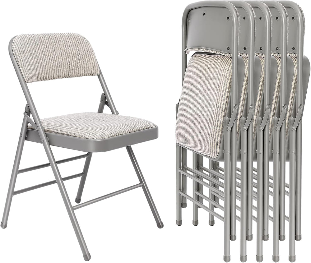 6 Pack Padded Folding Chairs with Fabric Cushion and Back, Oatmeal Stripe | H...