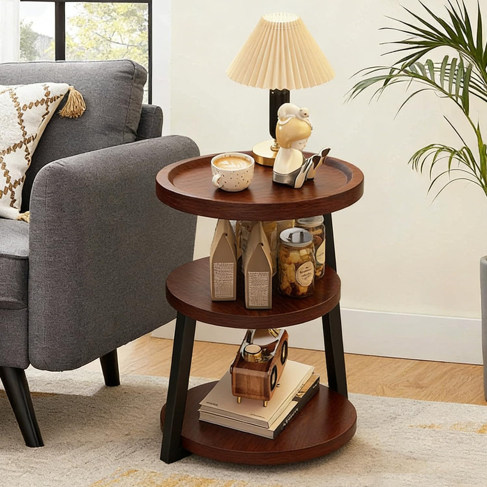 YUNMUARY-Walnut Wood Side Table,Modern Round Bed Tables Bedroom,Circle End Ta...