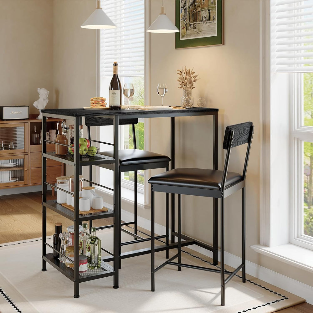 3-Piece Bar Table Set with 2 Bar Stools, Built-in Wine Rack and 3-Tier Storag...