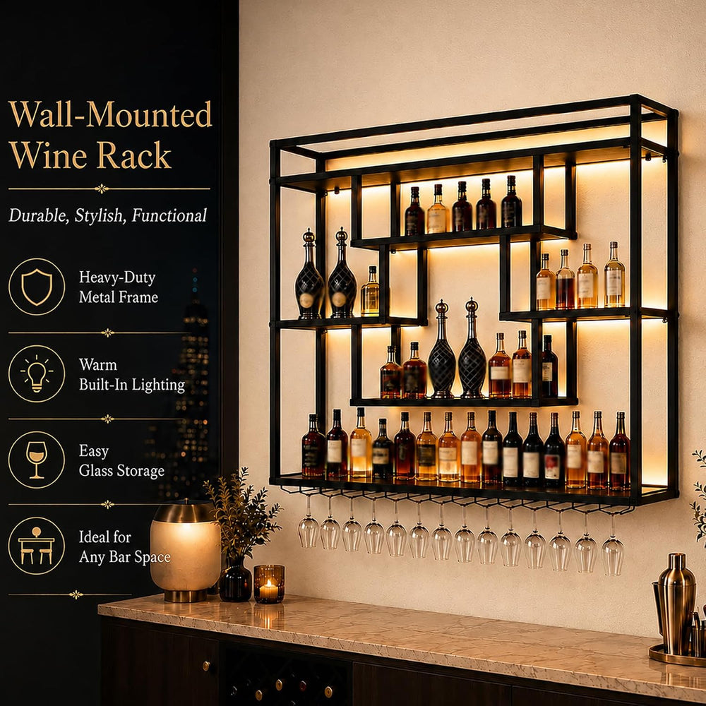 Wall Mounted Wine Rack with LED Lights, Large Industrial Metal Liquor Bottle ...