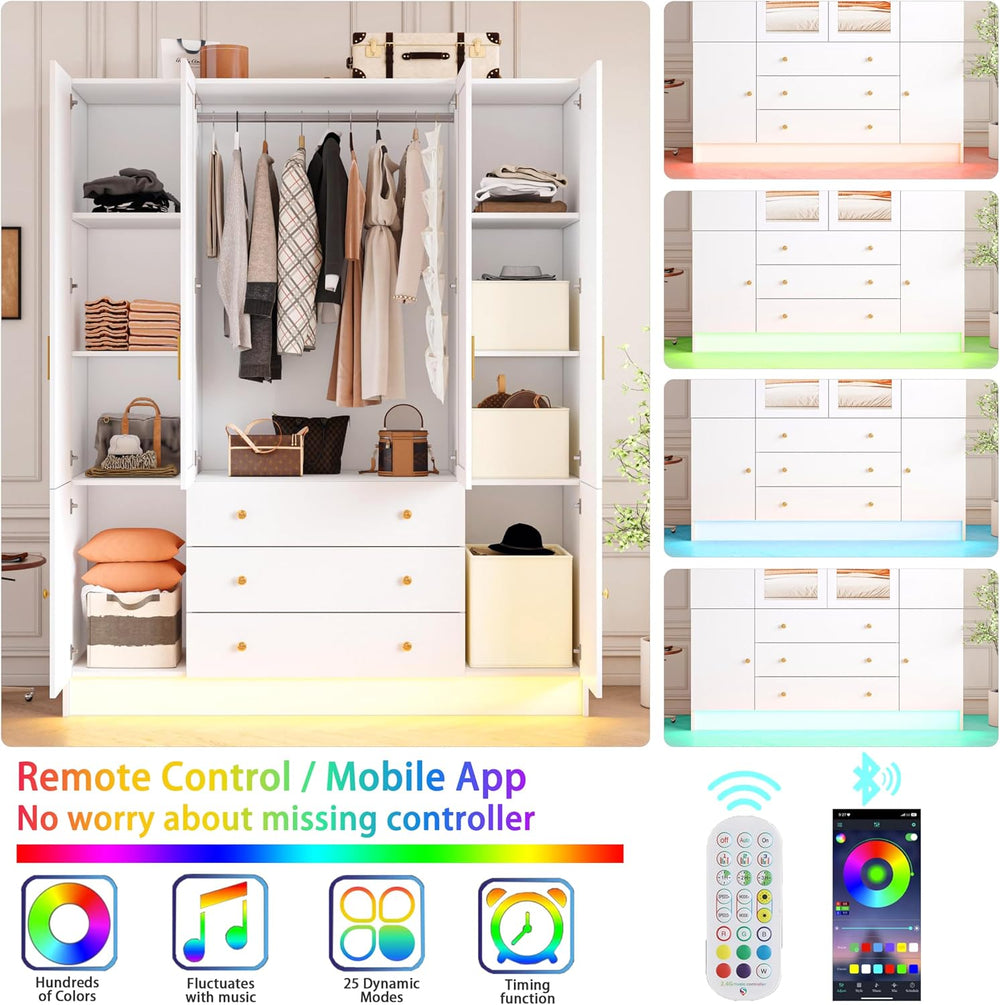 4 Doors LED Armoire Wardrobe Closet with Mirror, 75" Tall Modern Wooden ...