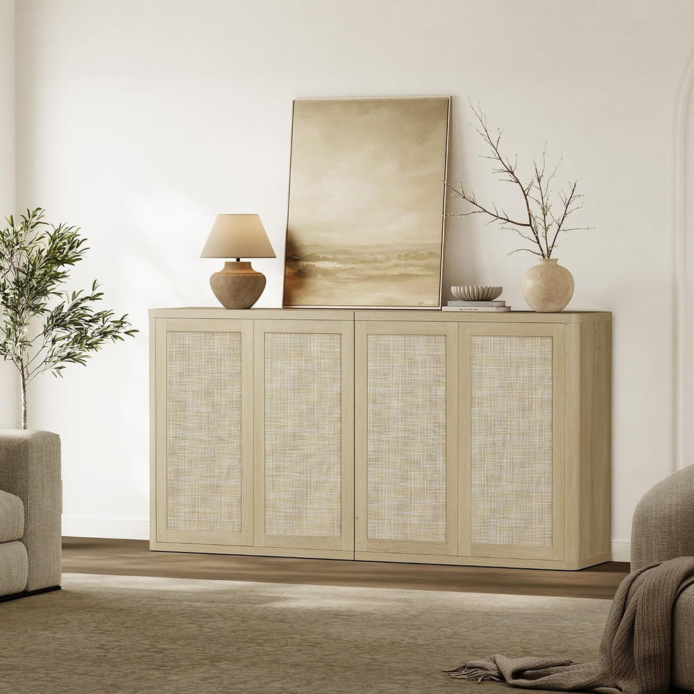 SICOTAS Rattan Buffet Sideboard Storage Cabinet - 64" Modular Boho Farmh...