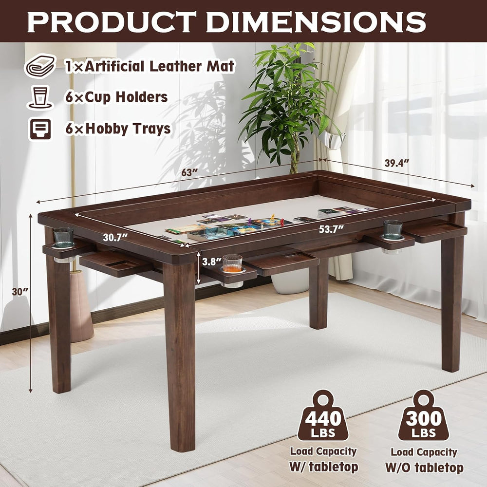 63"x39" Board Game Table with Removable Top Solid Wood Dining/Gamin...