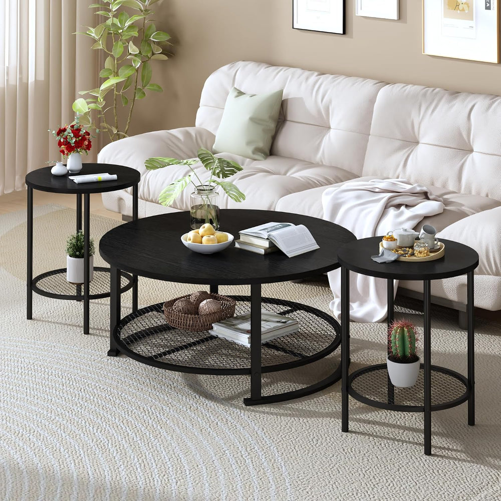 Recaceik Round Coffee Table and End Table Set of 3 with Storage, Modern Vinta...