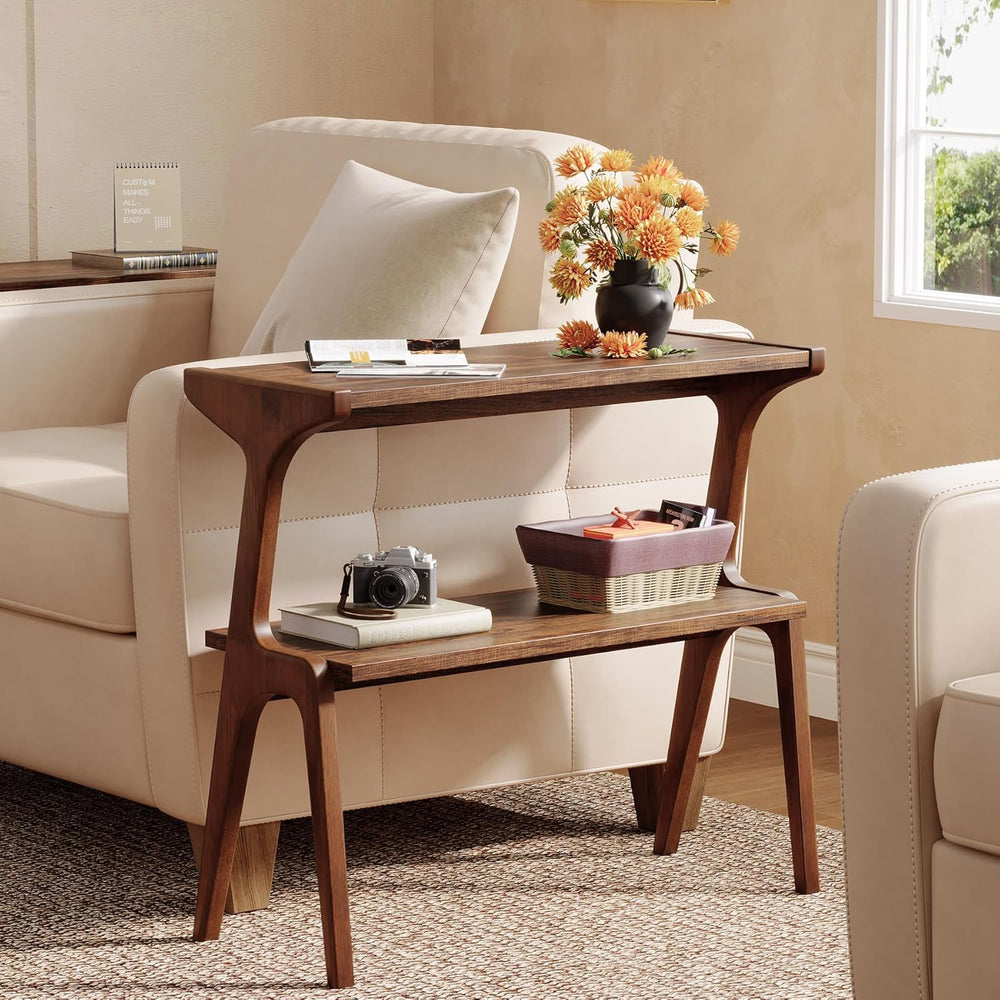 Solid Wood End Table, 2-Tier Side Table with Storage Shelf, Wooden Modern Acc...