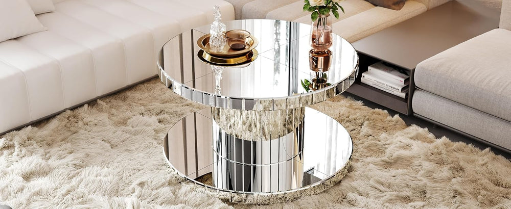 Double Tier Luxury Round Mirror Coffee End Table with Glass 31.5" Diamet...