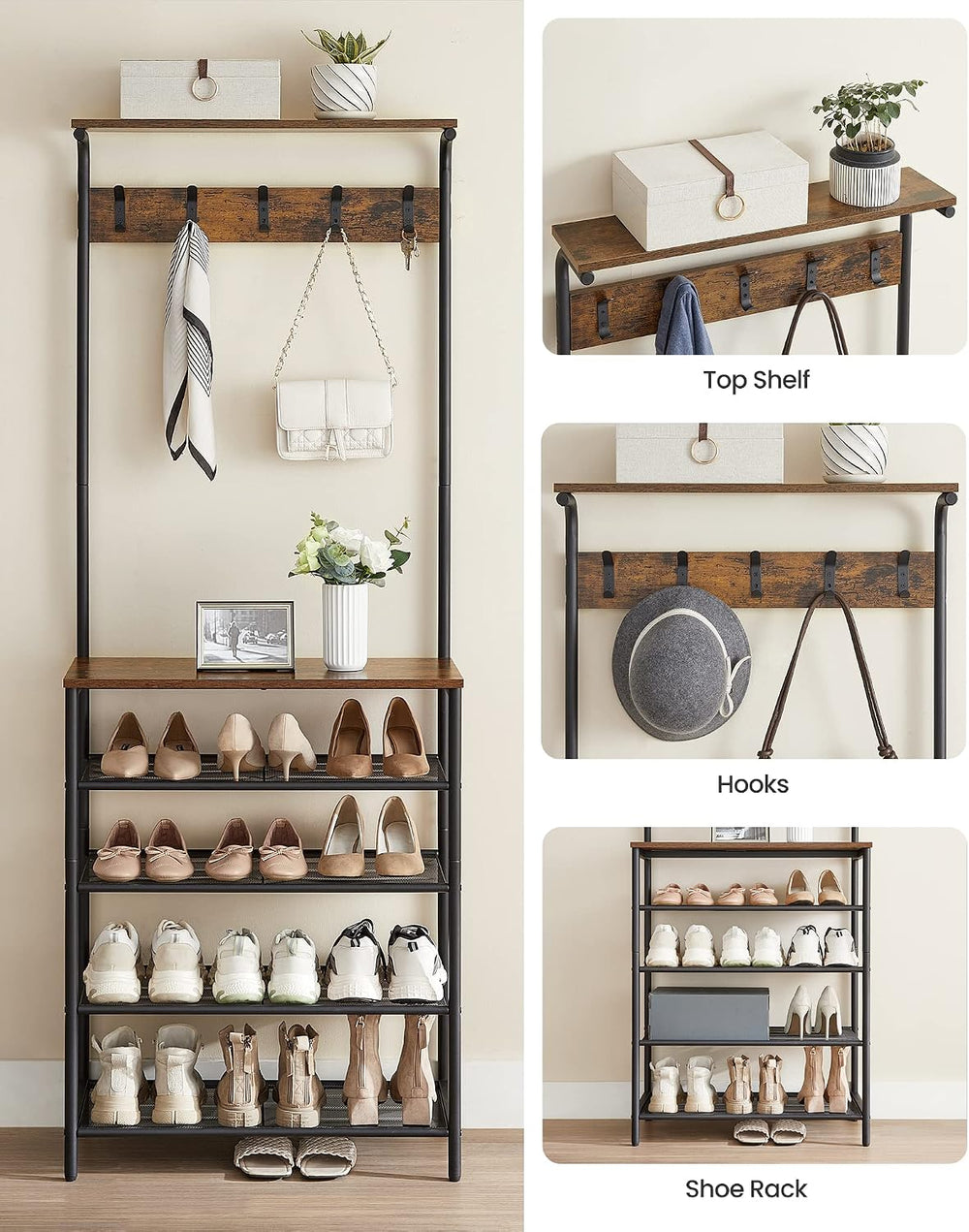 VASAGLE Hall Tree with Shoe Bench, 5-Tier Shoe Rack, 5 Dual Hooks