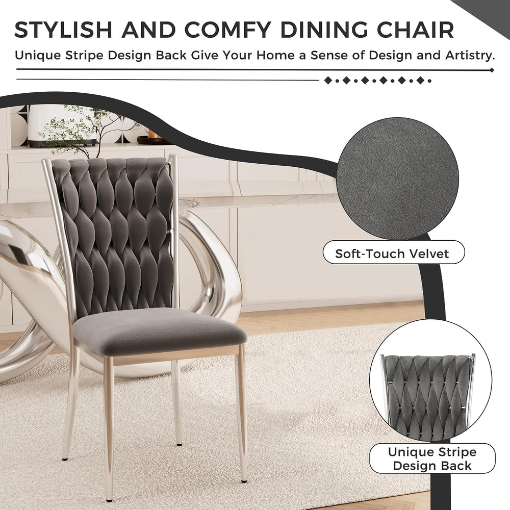 Velvet Dining Chairs Set of 4, Modern Woven Kitchen Chairs with Silver Metal ...
