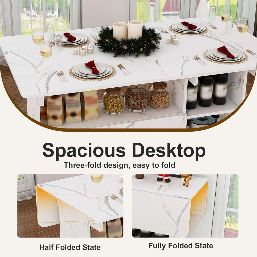 Multi-Functional Folding Dining Table Kitchen Island with Storage Shelves and...