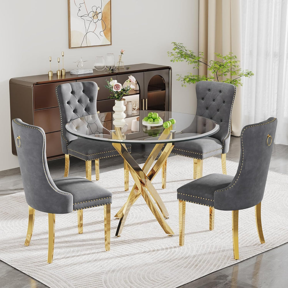 Glass Dining Table Set for 4, 5-Piece Round Tempered Glass Kitchen Table Set ...