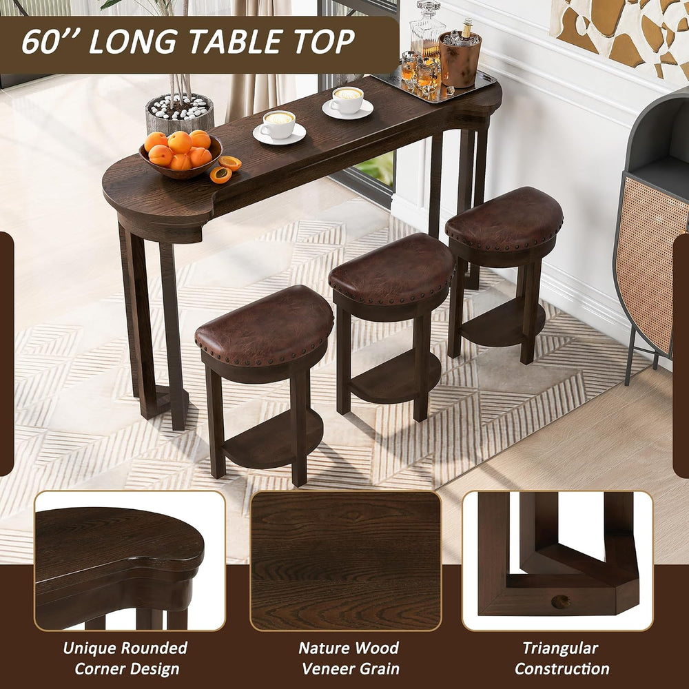 Merax 4 Piece Bar Table Set with 3 PU Upholstered Bar Stools, Solid Wood Coun...