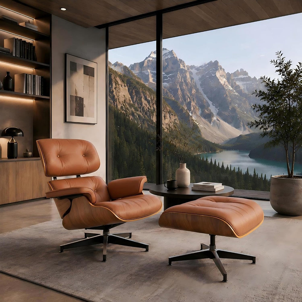 Top Black Grain Leather Mid Century Chaise Lounge Chair and Ottoman, Reading ...
