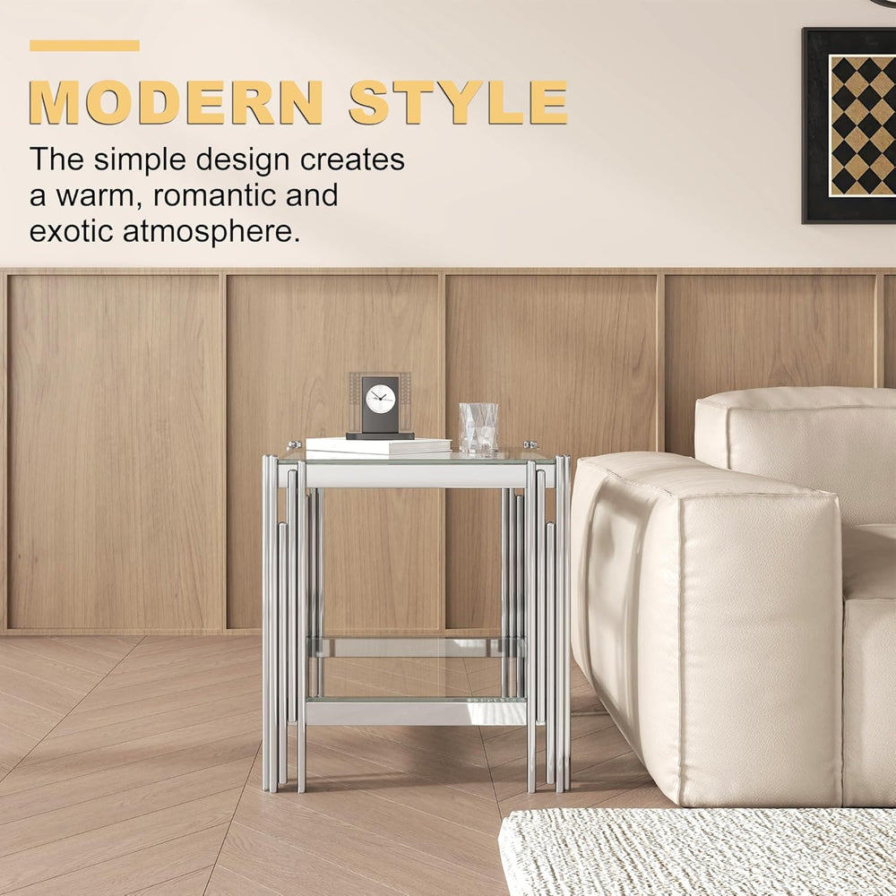 Square Glass End Table with Clear Tempered Glass Top & Silver Stainless S...