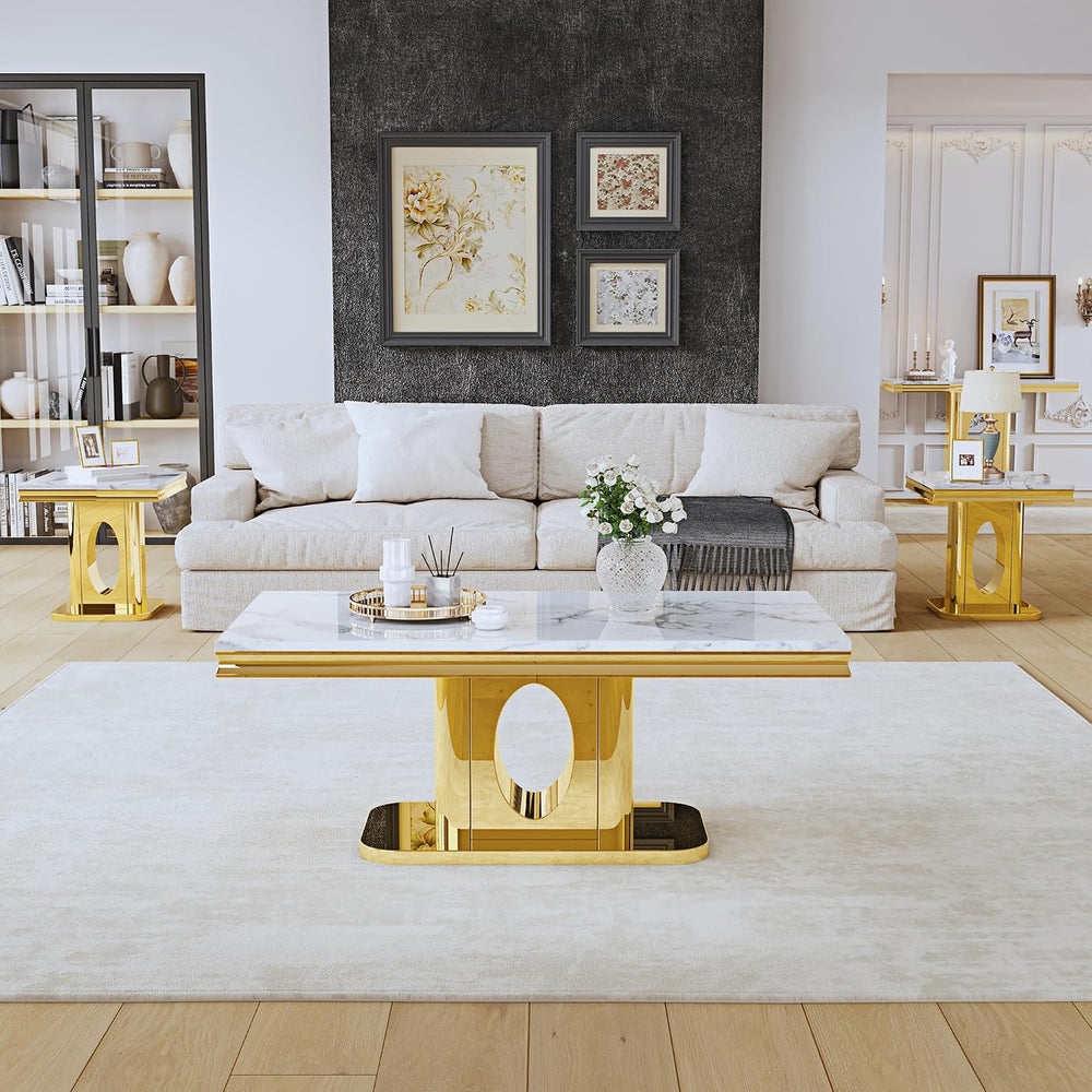 Luxury Square End Table, 23" White Faux Marble Top and Gold Mirror Stain...
