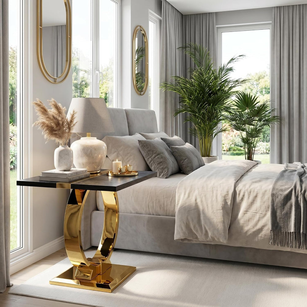 Asday 23” Black and Gold End Table, Modern Square Wood Side Table with Polihs...