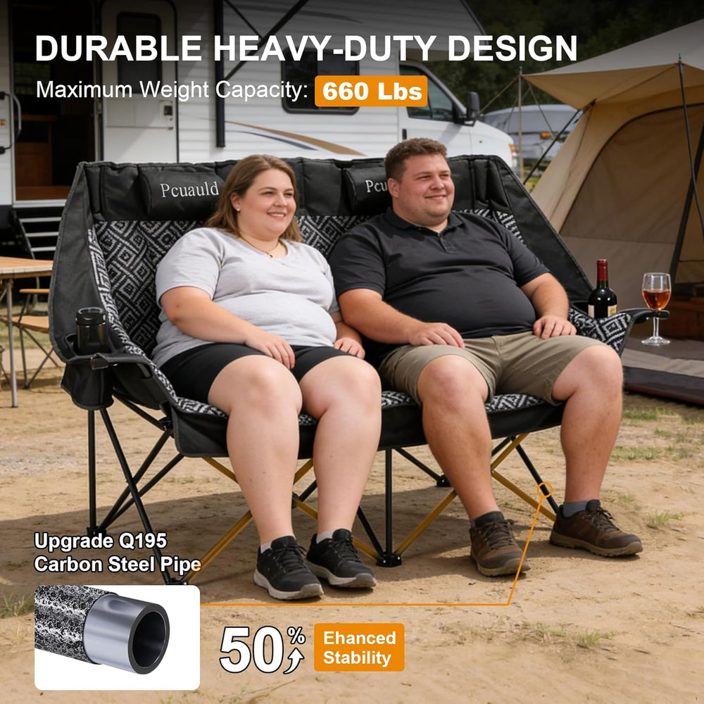 High Back Double Camping Chair Padded Folding Loveseat with Adjustable Pillow...