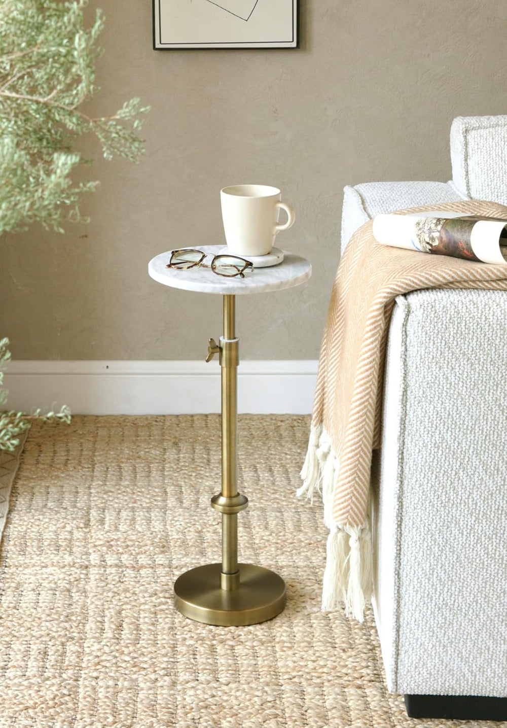 Adjustable 10" White Marble Drink Table with 2 Coasters, Antique Brass ...