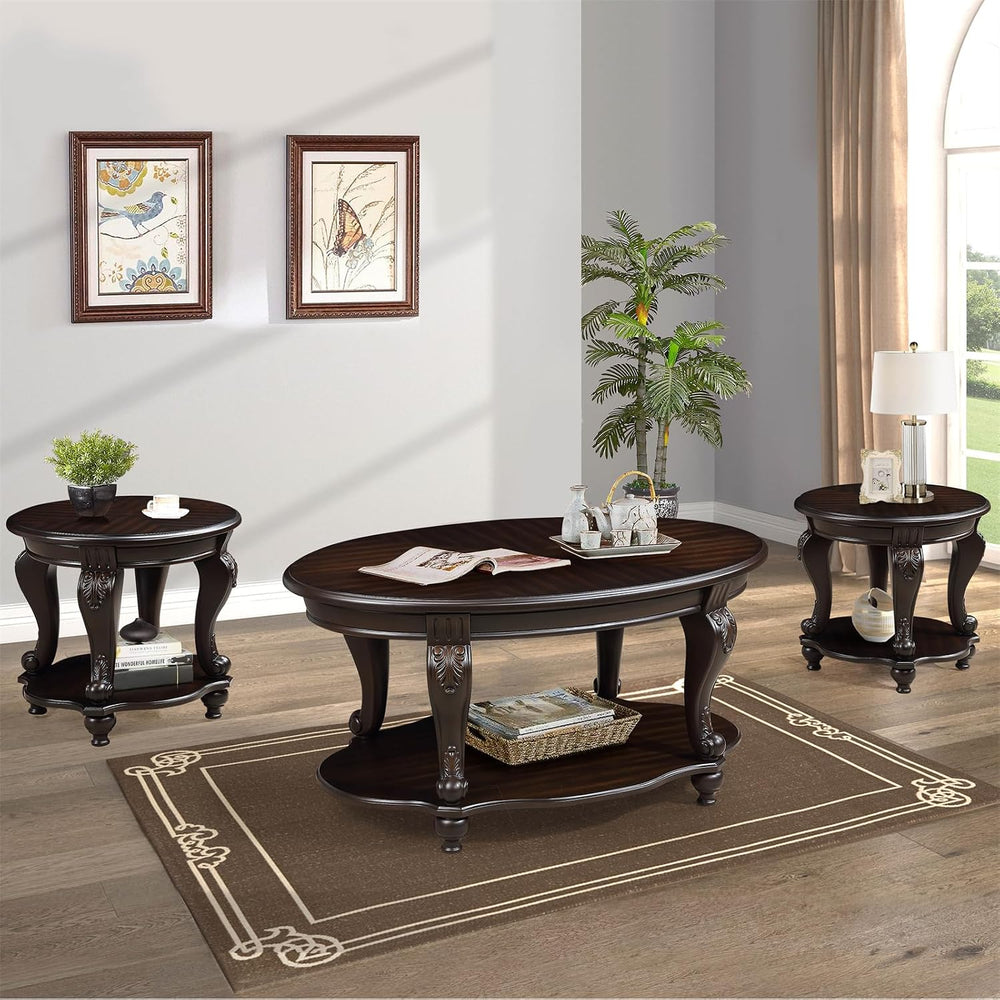 22'' Round End Table Solid Wood Sofa Side Table with Storage Shelf, L...