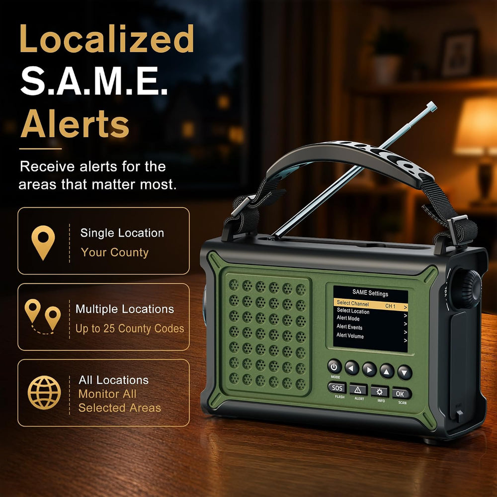 Emergency Weather Radio with S.A.M.E. Alerts, Solar, Hand Crank & 12000mAh