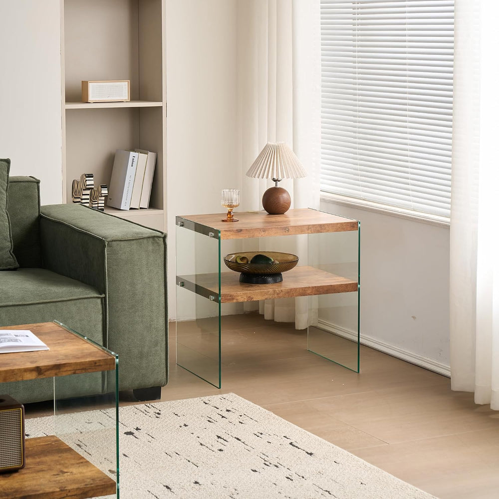 Glass Side Table Modern Design: Two-Tier Walnut MDF Frame & Tempered Glas...