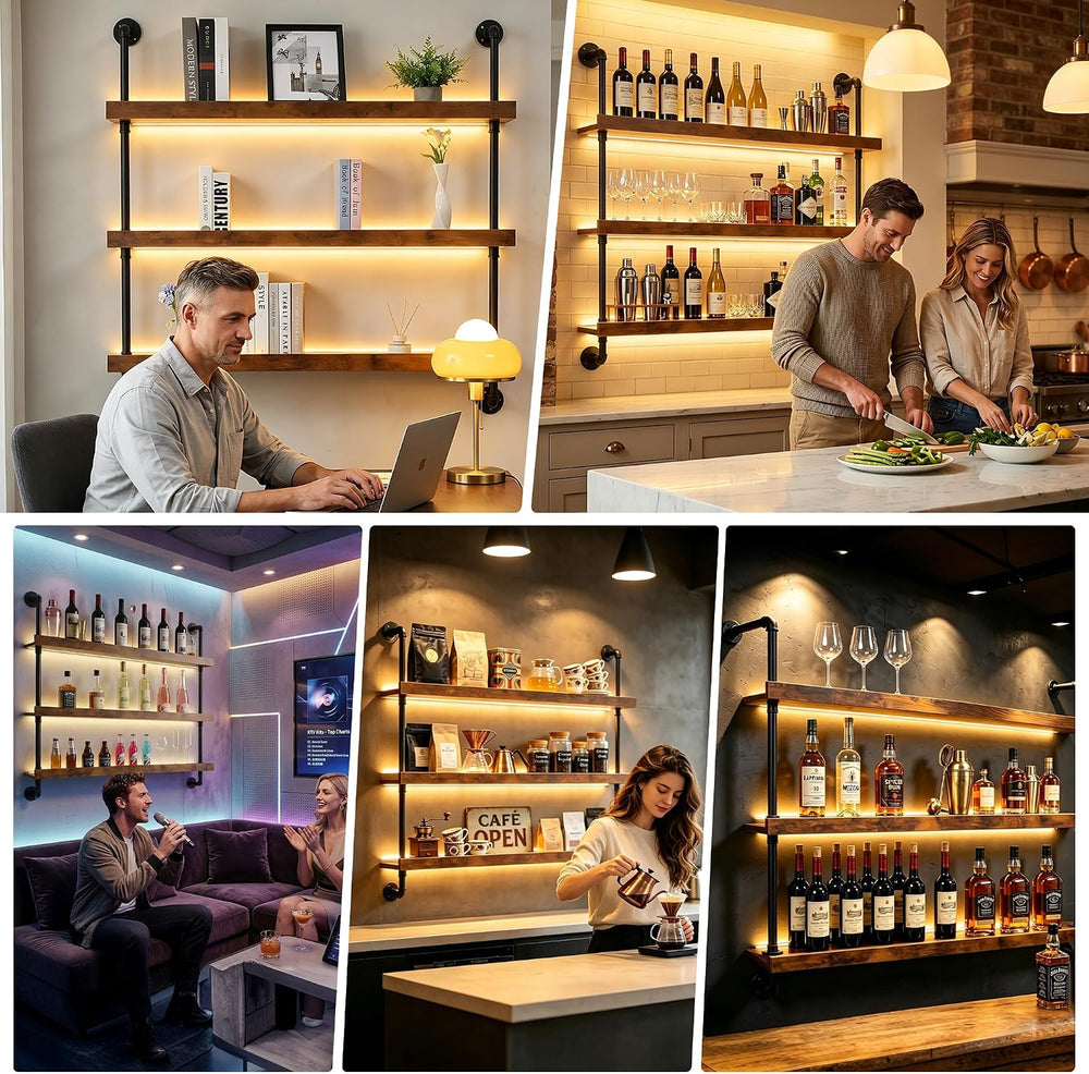 39.4" Metal Wine Rack Wall Mounted with LED Strips and Glass Holder | 3-...