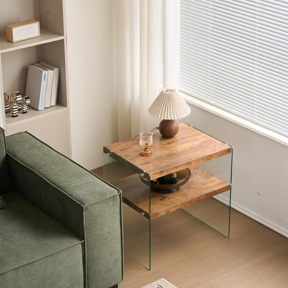 Glass Side Table Modern Design: Two-Tier Walnut MDF Frame & Tempered Glas...