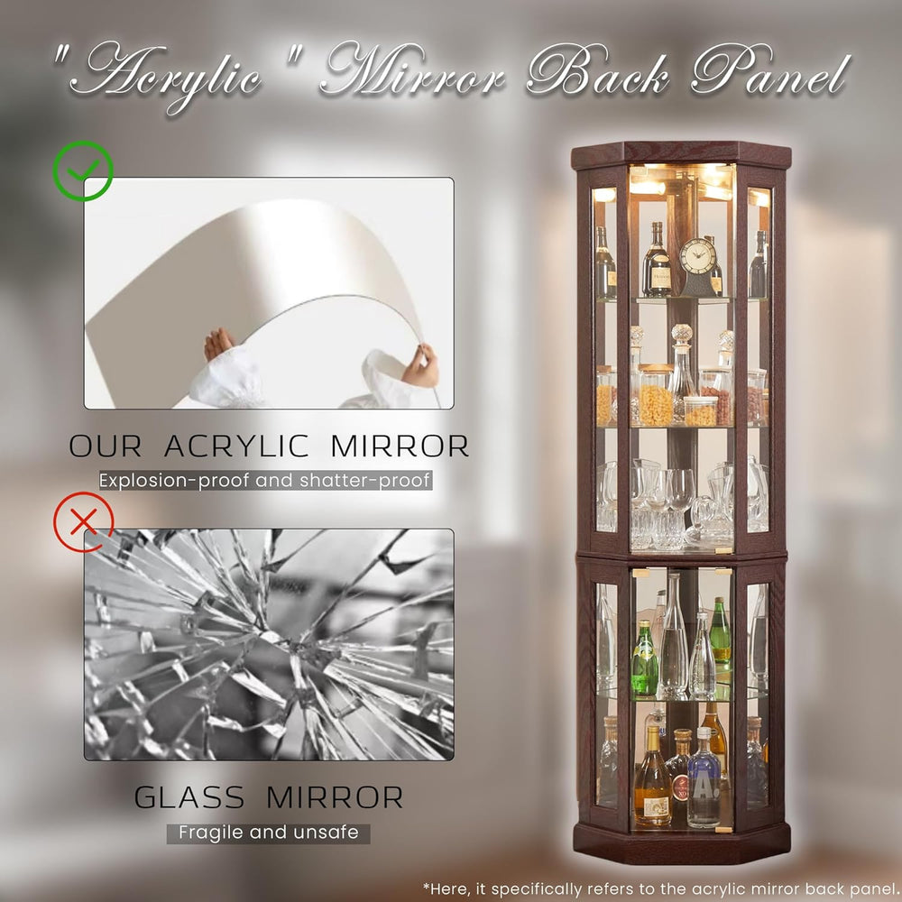 70" Lighted Corner Curio Cabinet, Wood China Display Case with Tempered ...
