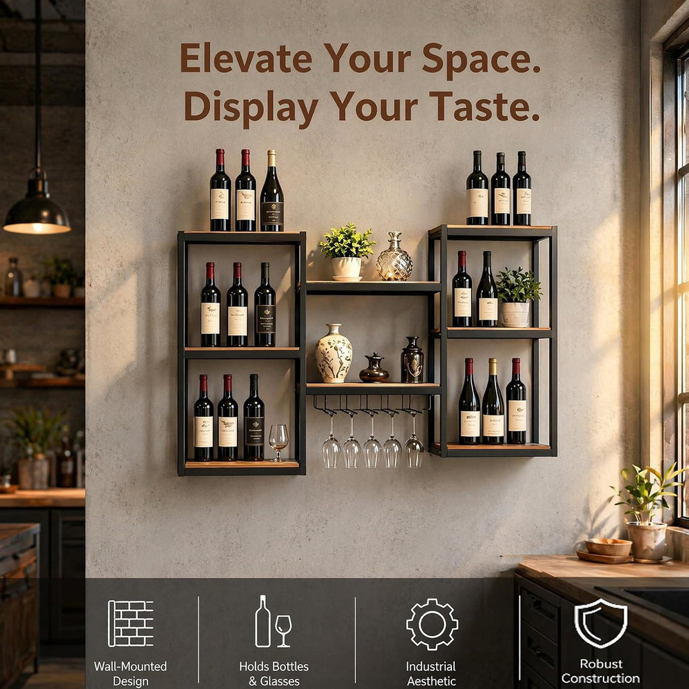 Wall Wine Rack with LED Lights, 3-Tier Modular Home Bar Shelves, Heavy Duty M...