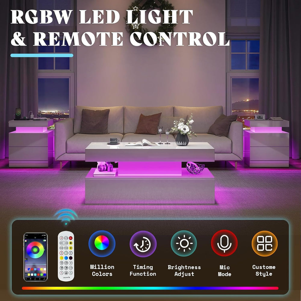 AMERLIFE 3-Piece High Gloss Coffee Table Set with LED Lights | Bedside Nights...