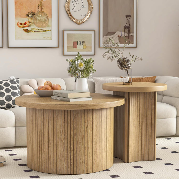 Farmhouse Set of 2 Nesting Coffee Tables,Round Coffee Table Set Saves Space