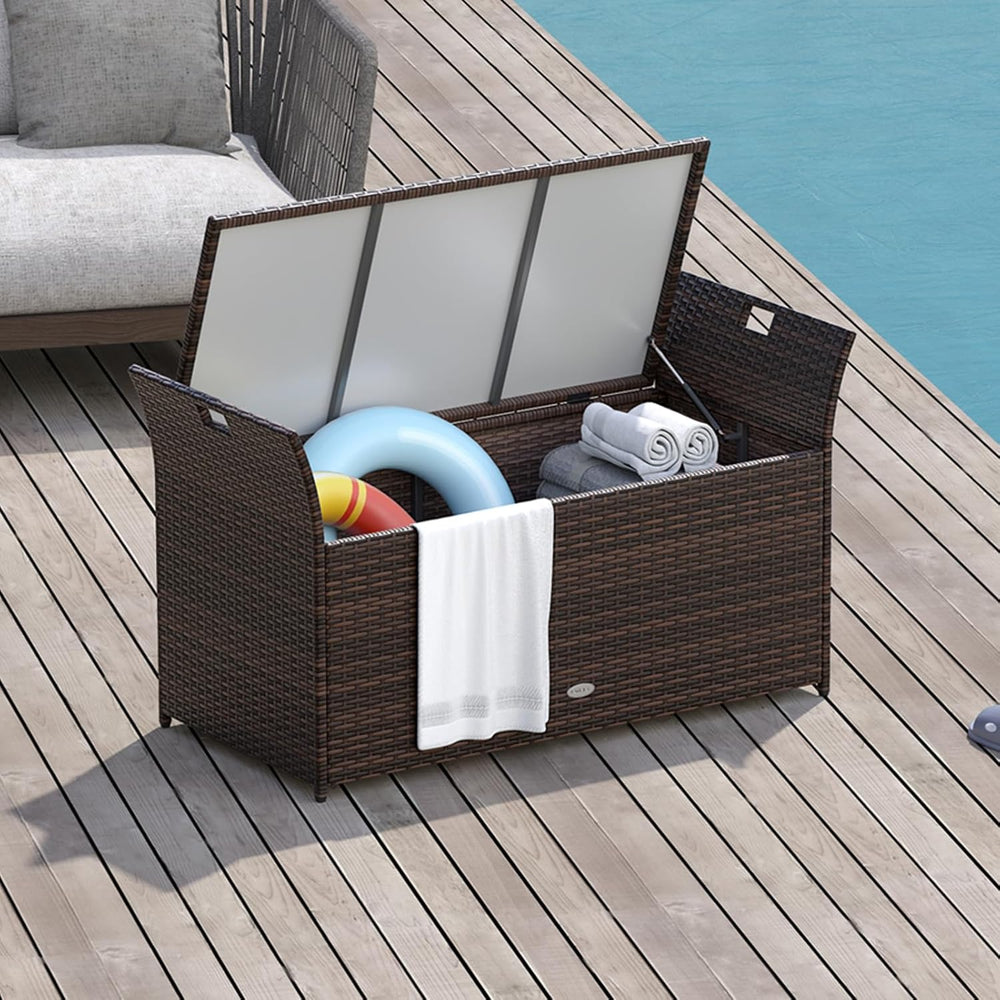 RELAX4LIFE Wicker Outdoor Storage Bench - 68 Gallon Rattan Deck Box w/Side Ha...