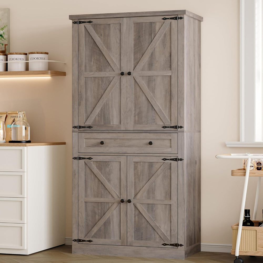 BORNOON Pantry Organizers and Storage Cabinet, 67.7” Barn Door White Kitchen ...