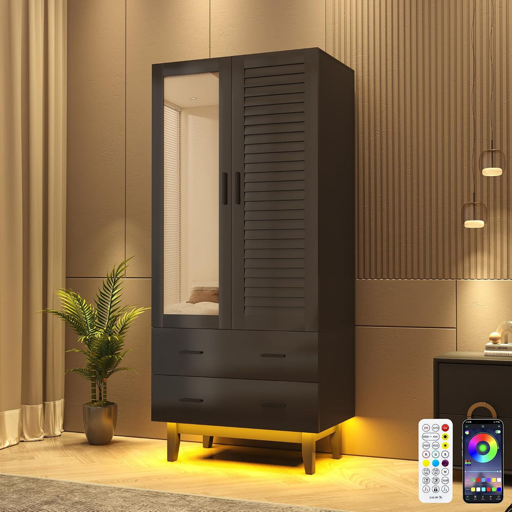 Hlivelood 2 Door Armoire Wardrobe Closet Cabinet with Mirror, Drawers and LED...