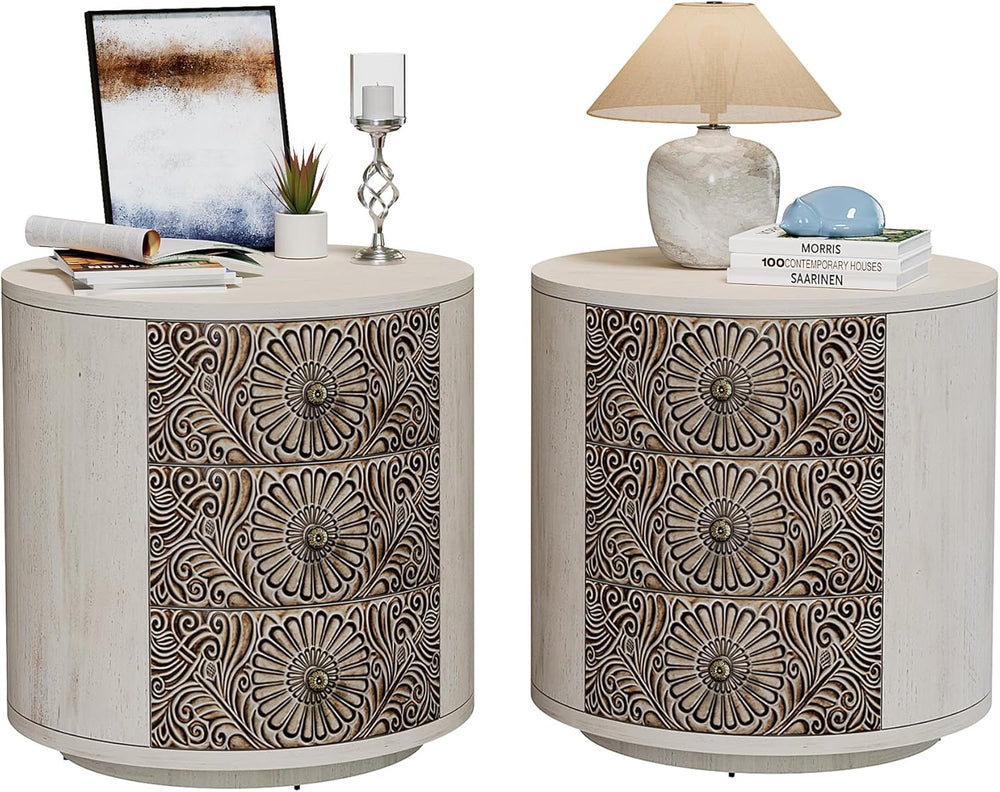 SUNBURY Round Night Stand Set of 2, Farmhouse Bedside Table, Farmhouse End Ta...