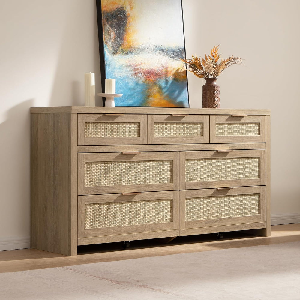 SICOTAS 7 Drawer Dressers for Bedroom Set 2, Long Rattan Dresser, Dresser TV ...