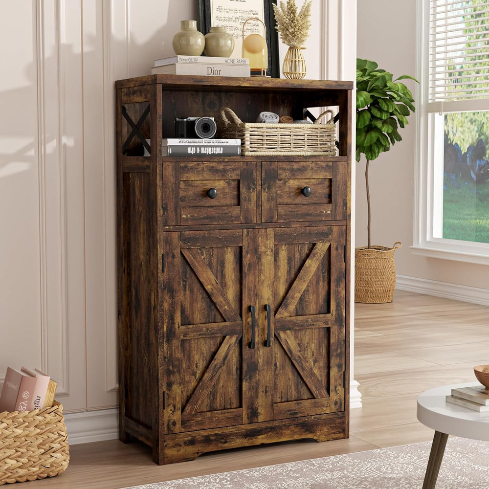 FiveWillowise Rustic Brown Farmhouse Storage Cabinet with Barn Doors and Shel...