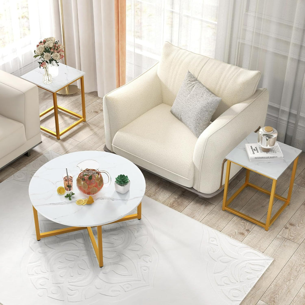 COSTWAY Coffee Table Set of 3, Round Faux Marble Coffee Table and 2 Square En...