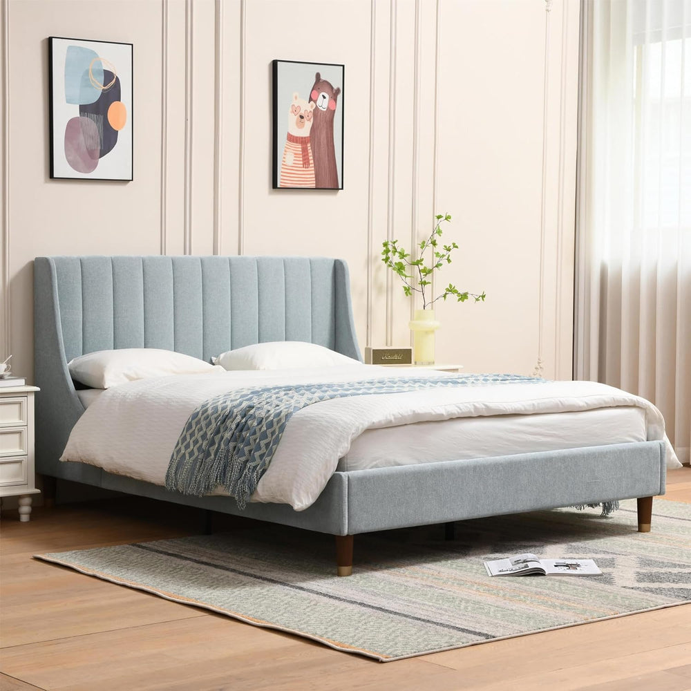 YUHUASHI Queen Upholstered Platform Bed Frame with Wingback Headboard,Blue