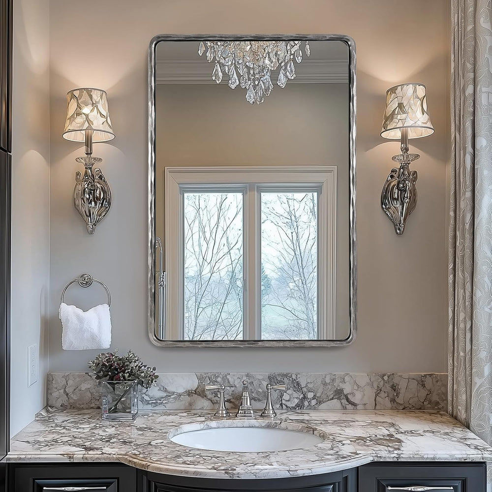 ANDY STAR Hand-Forged Silver Bathroom Mirror for Wall, 24x36 Inch Luxury Soli...